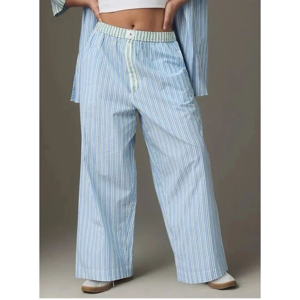 Anthropologie Blue Green Striped Pajama Pants Size S Button Fly Lounge Sleepwear